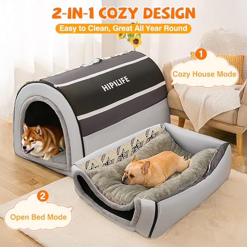 ALLSOPETS Hundebett 2-in-1 Faltbares Selbstwärmendes Haustierzelt Höhlenbett für Katzen und kleine bis mittelgroße Hunde Tragbares Hundehäuschen mit Griffen (Skandinavisches Grau, XXL)