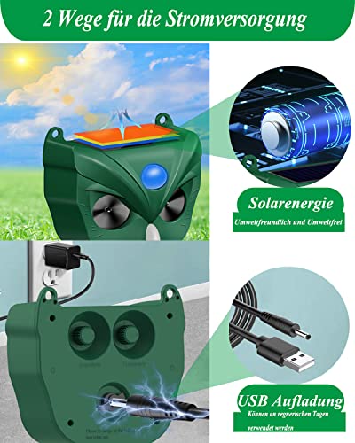 Katzenschreck Ultraschall, Solar Katzenschreck für Garten, IPX5 Wasserdicht USB Lade Marderschreck mit Bewegungssensor, 5 Frequenzbereiche und rot Blinklichter, Vogelschreck für Katzen, Hunde, Vögel