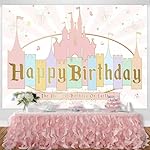 Sensfun Princess Castle Birthday Decorations Backdrop Pastle Rainbow Stripes Pink Fairytale Castle Background Girls Gold Glitter Happiest Birthday On Earth Party Banner Photo Booth Props 5x3ft - Image 2
