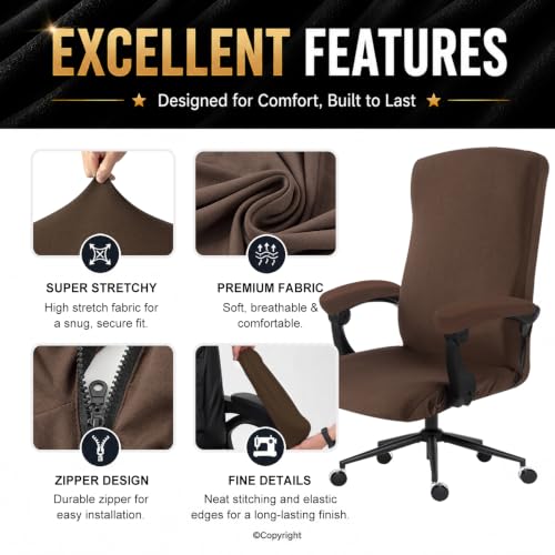Image of Stretch Computer Office Chair Cover with Armrest Covers Durable Zipper Universal Washable Removable Spandex Rotating Boss Chair Slipcovers Anti-dust Soft Desk Chair Seat Protector, Mocha