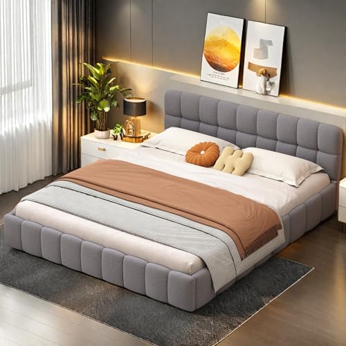 Polsterbett Bubble Bett 160x200 cm, Doppelbett mit Kopfteil, Jugendbett Bettgestell mit Lattenrost und Rückenlehne, Bodenbett Rückenlehne Bett, Flachbett Gästebett, Ohne Matratze, Leinen, Grau