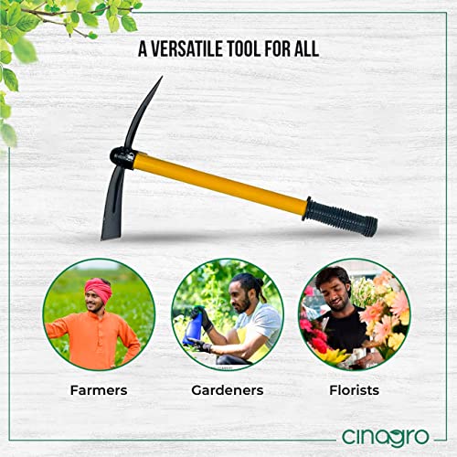 Image of Cinagro 16 inch Two-in-One Gardening Tool, Pick Axe & Hoe with Rubber Handle, Heavy-Duty Metal Gardening Tool (Black and Yellow)