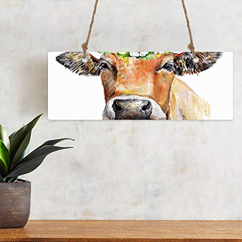 Printed Decorative Sign Hand Painted Brown Cattle With Flowers Wreath And Green Leaves Hanging Sign Wall Decor For Living Room Bedroom Bathroom,Home Decoration 3.9" X 11" #TOP2