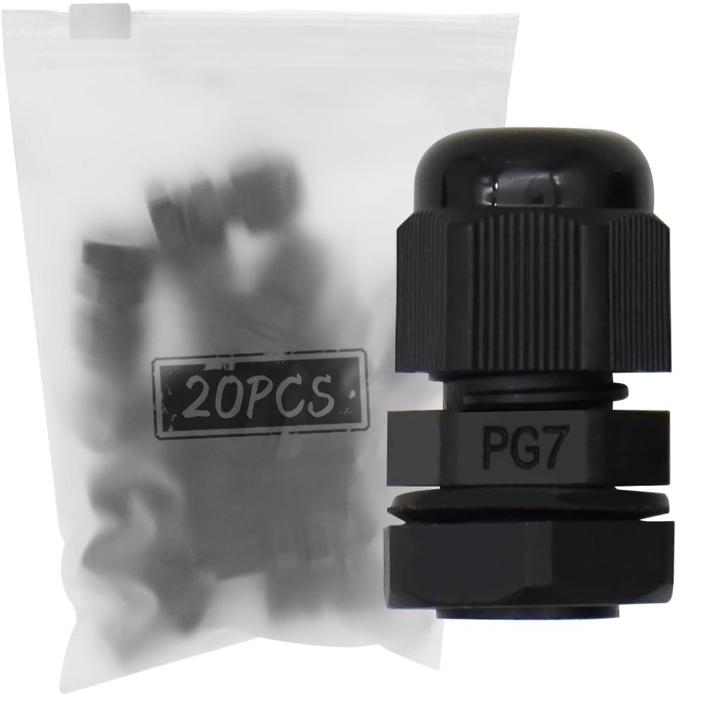 MAKERELE PG7 Cable Glands Black Plastic Cable Gland Nylon Waterproof IP68 Wire Glands Adjustable Locknut for 3.1mm-6.6mm Wire(20pcs),With Gaskets