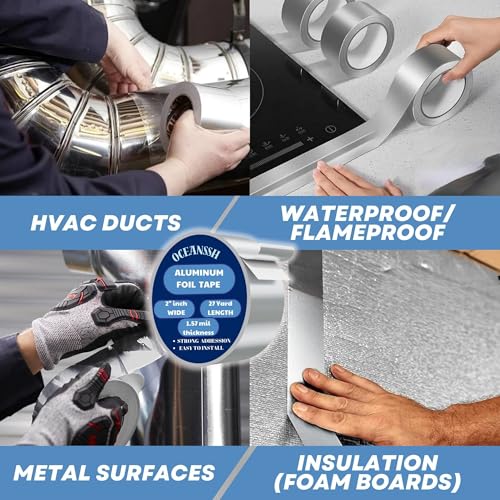 Image of Aluminum Tape - High Temp & Waterproof Foil Tape for Ductwork & Insulation, Strong Adhesive, Heavy Duty Silver Tape, 2 inch x 27 Yards, Ideal for Sealing & Repairs (1.57 mil)