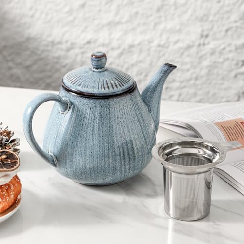 Image of HVH 40 oz Porcelain Teapot with Stainless Steel Infuser, Ceramic Tea pot with Infuser for Loose Tea, Enough For 6 Cups, Striped Series (Wabi sabi)