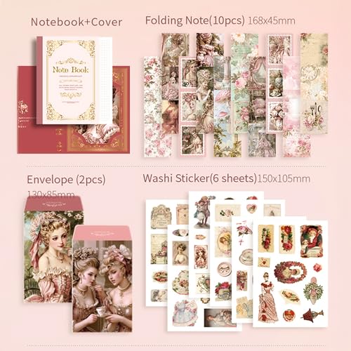 Image of The AutoStory Elegant Scrapbook Album A6 Junk Journal Flower Stickers Vintage Collage Paper Washi Tape DIY Craft Art Keepsake Memory Book Decoration Sets Teens Girls (Royal Camelia, Pink)
