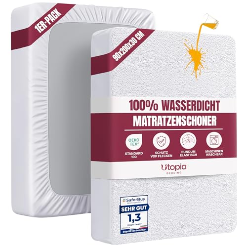 Utopia Bedding Matratzenschoner 90 x 200 x 30 cm Wasserdicht, Oeko-TEX Zertifiziert Matratzenauflage Atmungsaktive, Matratzenschutz, Rundum Elastisch Weiß