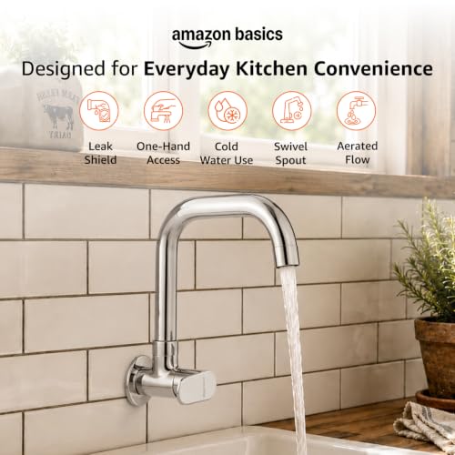Image of Amazon Basics Rectangular Kitchen Faucet | Cold-Only Single Lever Sink Tap with 360 Degree Swivel Spout | Aerated Water Flow | 15mm / 1 /2 BSP | Kitchen Use [Chrome]