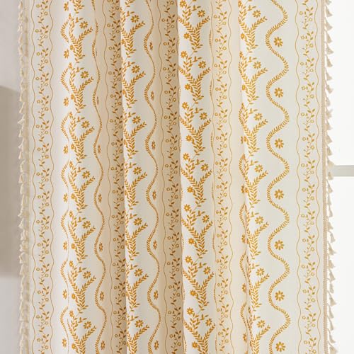 Image of Yellow Boho Curtains 72 Inch Long for Living Room, Bedroom, 2 Panels Floral Farmhouse Vintage Tassel Semi Sheer Light Filtering Privacy Window Curtains Drapes with Rod Pocket