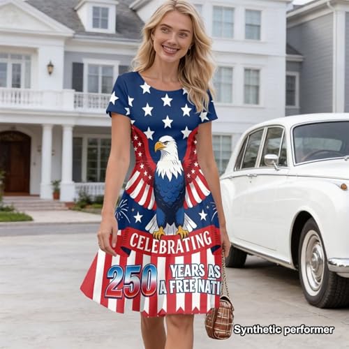 Image of POLERO Women Puffy Swing Elegant Party Midi Dresses Short Sleeve Round Neck A-Line Dress