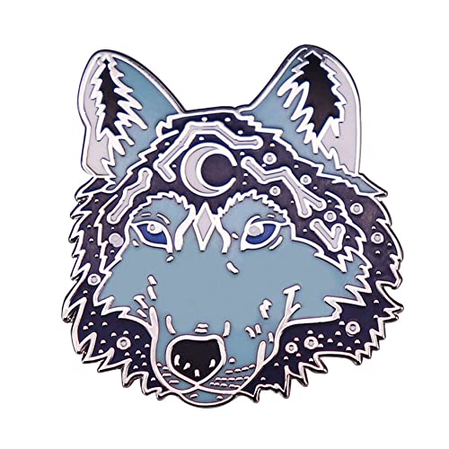 Wolf Enamel Pin Brooch Moon in Wolf Head Lapel Pin Badge Constellation Celestial Badge Cool Animal Badge Pin Mysterious Blue Eye Animal Pin Gift for Boys Men Women
