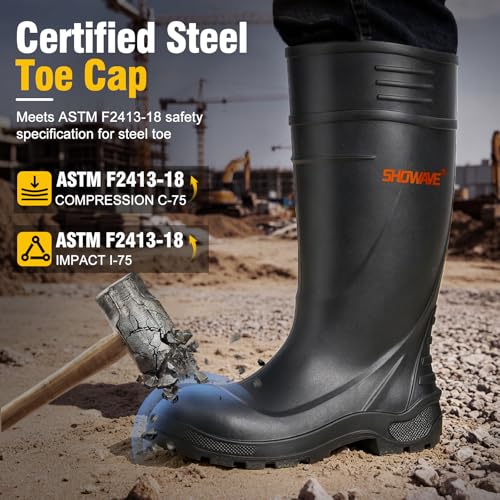 Image of Showave Steel Toe Rubber Work Boots for Men Waterproof Durable Concrete Boots for Hunting Manufacturing Construction