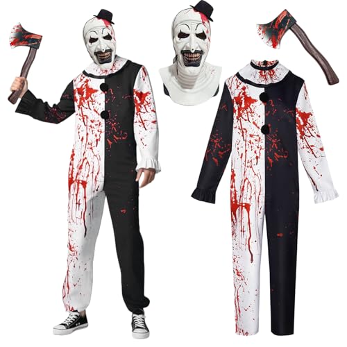 HarnyLoom Disfraz Terrifier Adulto, Terror Asesino Sangriento Disfraceso con Terrifier Mascara Blanco y Negro Mono para Hombre Mujer Accesorios Halloween Carnaval Cosplay (XL)