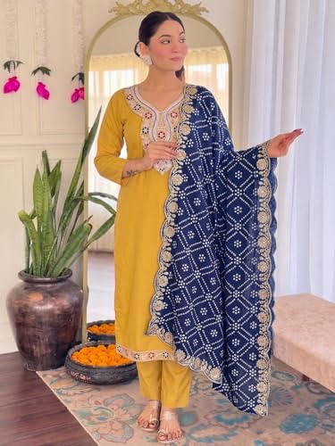 Image of Women Fabulous Mustard Kurta Ensemble with Bandhani Embroidered Dupatta Festive Ethnic Set