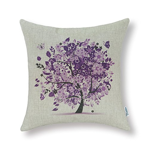 CaliTime Canvas Throw Pillow Cover Case for Couch Sofa Home Decoration Butterflies Floral Leaves Tree 18 X 18 Inches Purple