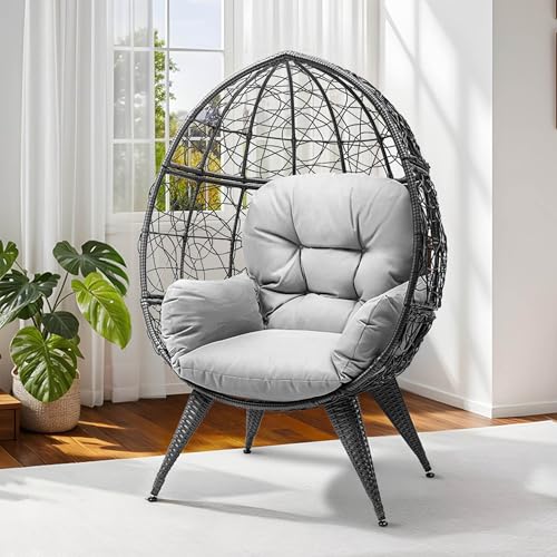 DWVO Oversized Egg Chair with Stand Rattan Outdoor Chairs, Large Lounger Chair with Cushion, Adjustable Leveling Feet, Egg Chair Indoor for Bedroom, Living Room, Outdoor Backyard, Patio, Garden, Grey