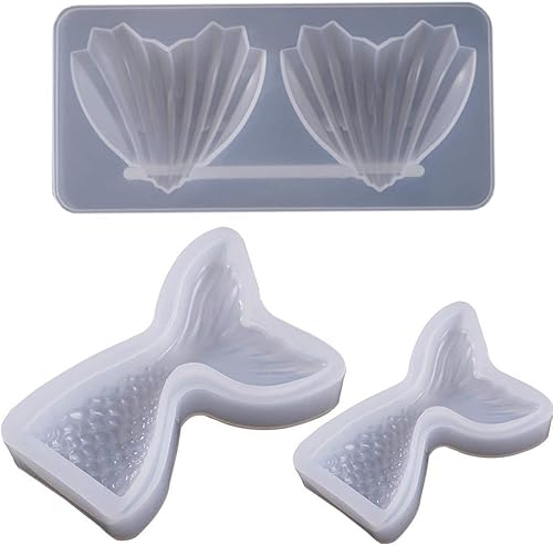 3 juegos de cola de sirena en forma de corazón concha epoxi molde de resina DIY fabricación de moldes de silicona - 4 cavidades