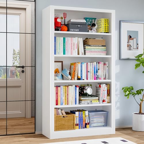 Image of 66 inch Tall Metal Bookcase, 5 Shelf Heavy Duty Bookcase with Adjustable Shelves, Large Book Storage Shelf for Living Room, Home Office, Library, White