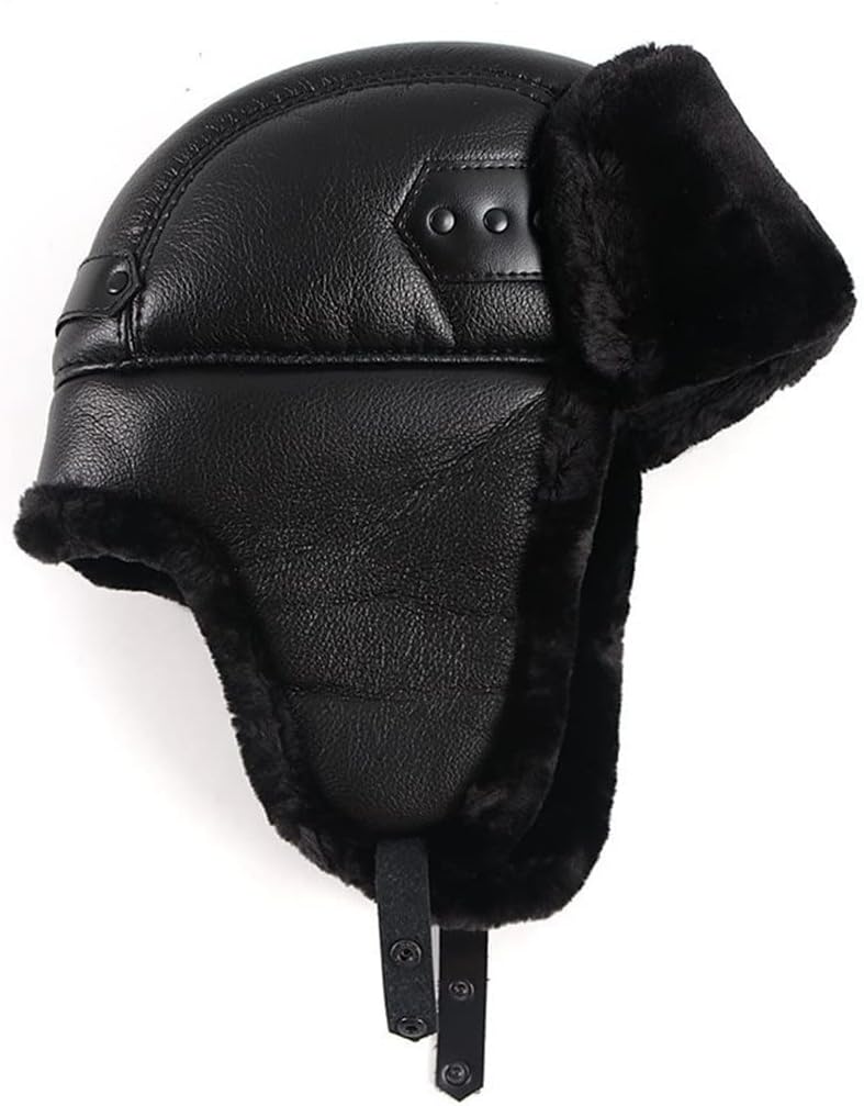 Winter Hat with Earflaps Russian Bomber Hats Black Pu Leather Men's Caps Outdoor Snow Earflap