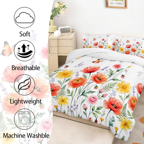 Image of AILONEN Orange Flower Comforter Set Queen Size, Meadow Butterfly Bedding Ensemble, Colorful Poppy Bedspread Quilt with 2 Pillowcases for Master Bedroom