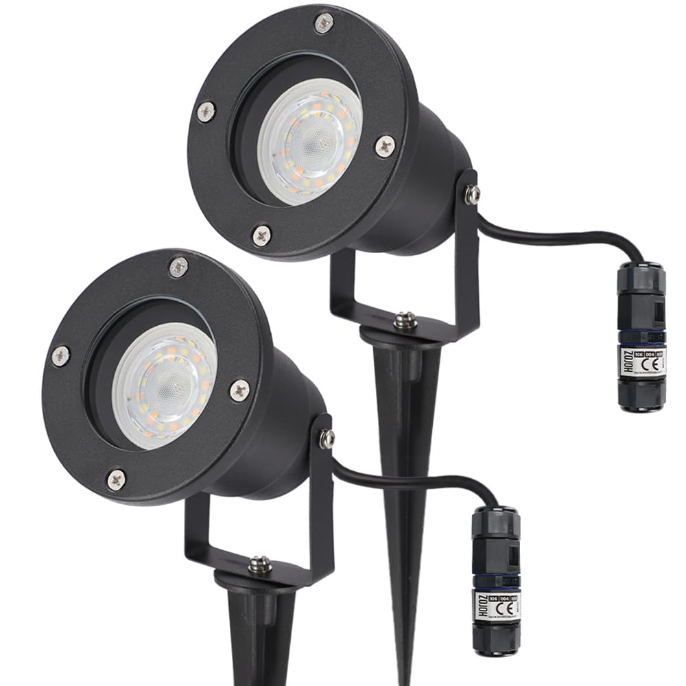 EDO 2er Set Gartenstrahler mit Erdspieß HORTUS IP65 Schwarz GU10 + 2x Wasserdichter Kabelverbinder IP68 0,5-2,5mm², Ø6,5-11mm - Außen Schwenkbar Gartenlamp, Außenbeleuchtung für Pflanzen, Kabel 25cm