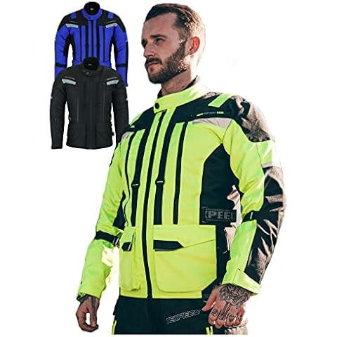 Mens Motorcycle Jacket Waterproof Yellow Hi Vis Textile Cordura With Biker Motorbike CE Armour (EN 1621-1) - Texpeed - M Cover