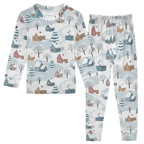 Pajama Sets Long Sleeve Winter Snow Village Scene Soft Comfy Sleepwear 2 Piece PJS 3-8T