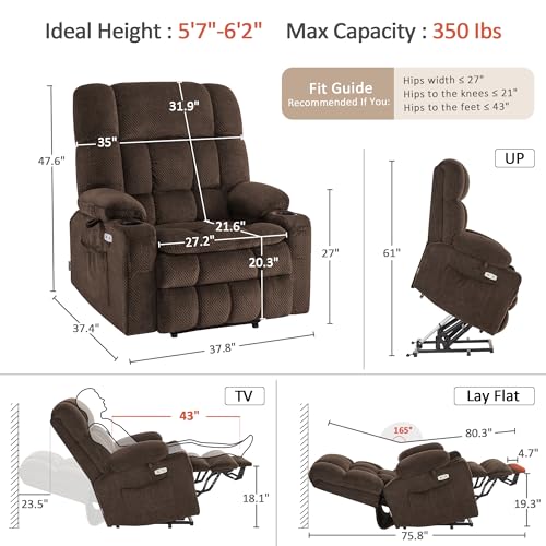 MCombo Oversized Power Lift Recliner Chair for Elderly, Dual Motor Lift Chair with Heat and Massage, Lay Flat Lift Chair for Big and Tall, Cup Holders, Fabric R7891 (Oversize, Mocha) - Image 3