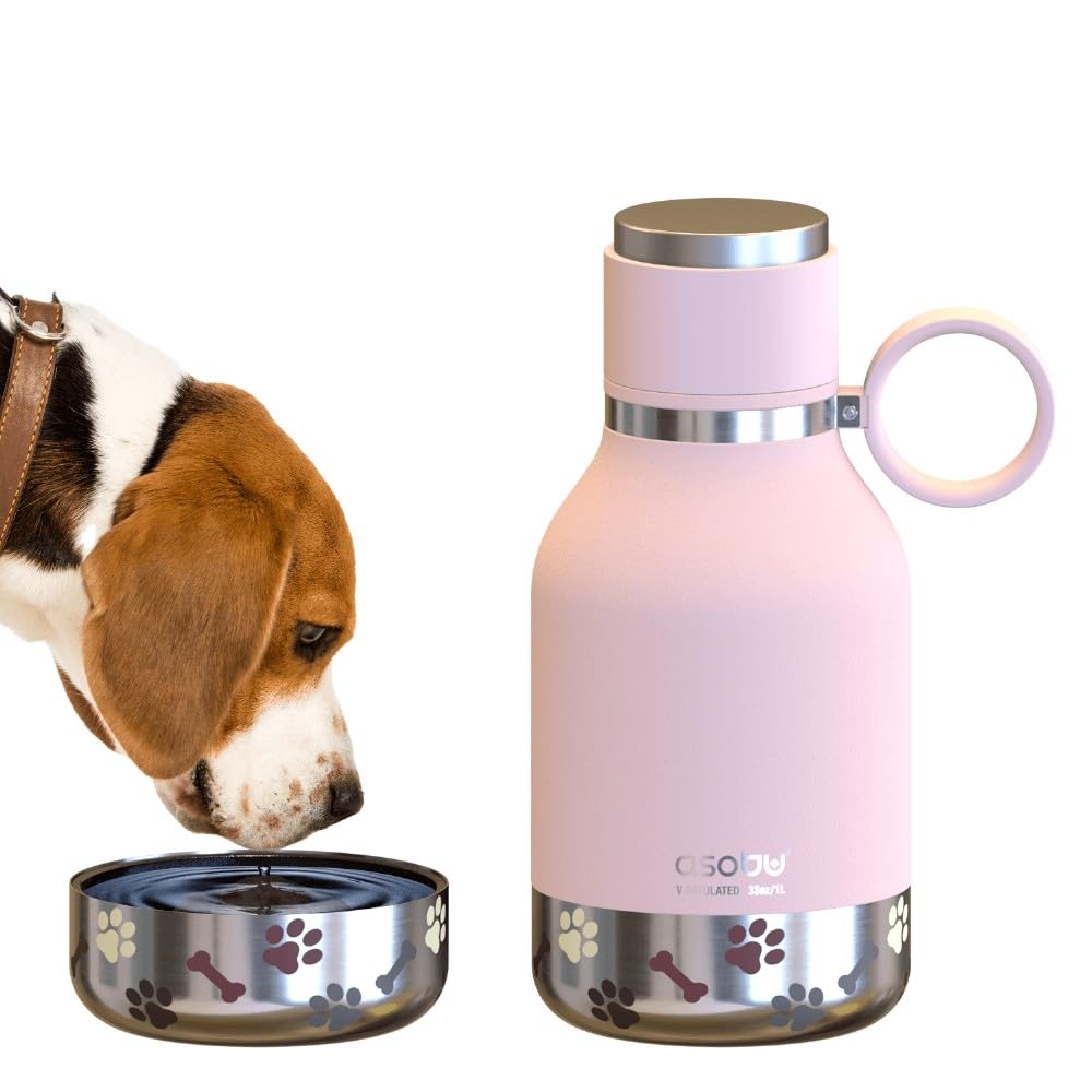 Asobu Chien – Gamelle pour Animal Domestique attachée à Une Bouteille d'eau Isotherme en Acier Inoxydable de 1 Litre, Bouteille d'eau Portable, Robuste, Anti-Fuite, pour l'extérieur, Les Voyages, la