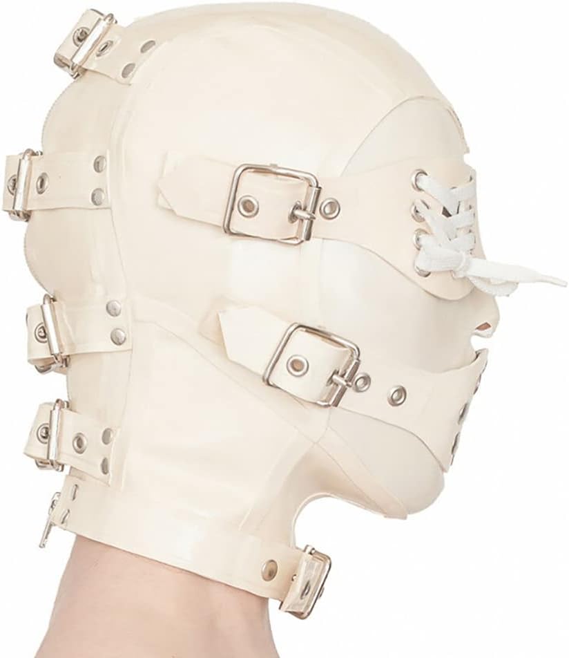 MONNIK Latex Hood Rivet Buckles Mask Eyes Blindfold and Mouth Plug with Zipper Handmade for Unisex Bodysuit Party Cosplay