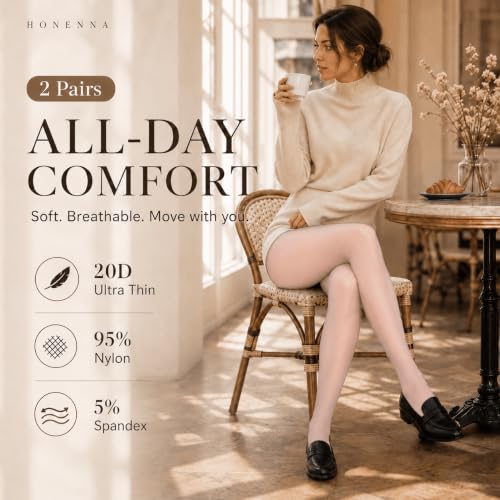 Image of HONENNA Sheer Tights for Women 2 Pairs Ultra Thin Reinforced T Crotch Control Top Pantyhose Stockings