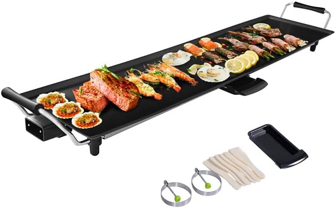 GiantexUK Teppanyaki Grill Table, Non-Stick Electric Barbecue Griddle with 6 Wooden Shovels and 2 Egg Rings, 1800W/2000W Electric BBQ Hot Plate, Adjustable Temperature & Easy Cleaning (90 x 23 cm)