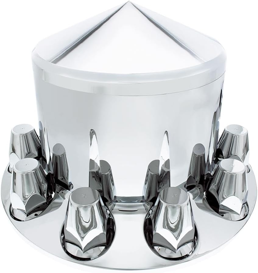 United Pacific 10261 Axle Hub Cover, Axle Cover, Rear, Chrome, Pointed, with 33mm Nut Cover, Thread-On