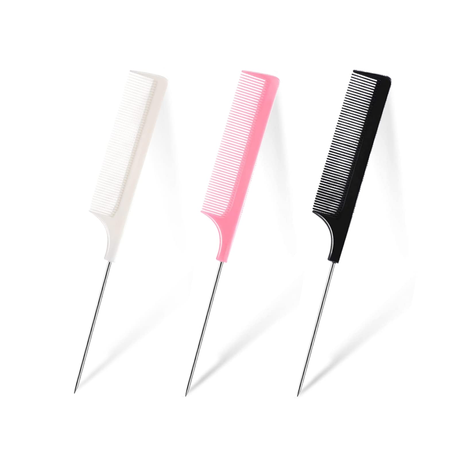 3 Pcs Hair Comb Parting Comb Pin Tail Combs,Rat Tail Combs Salon Hairdressing Comb with Stainless Steel Handle,Anti-static Tail Comb Sectioning Comb,Fine Tooth Combs for Women,Barber(3Colors)