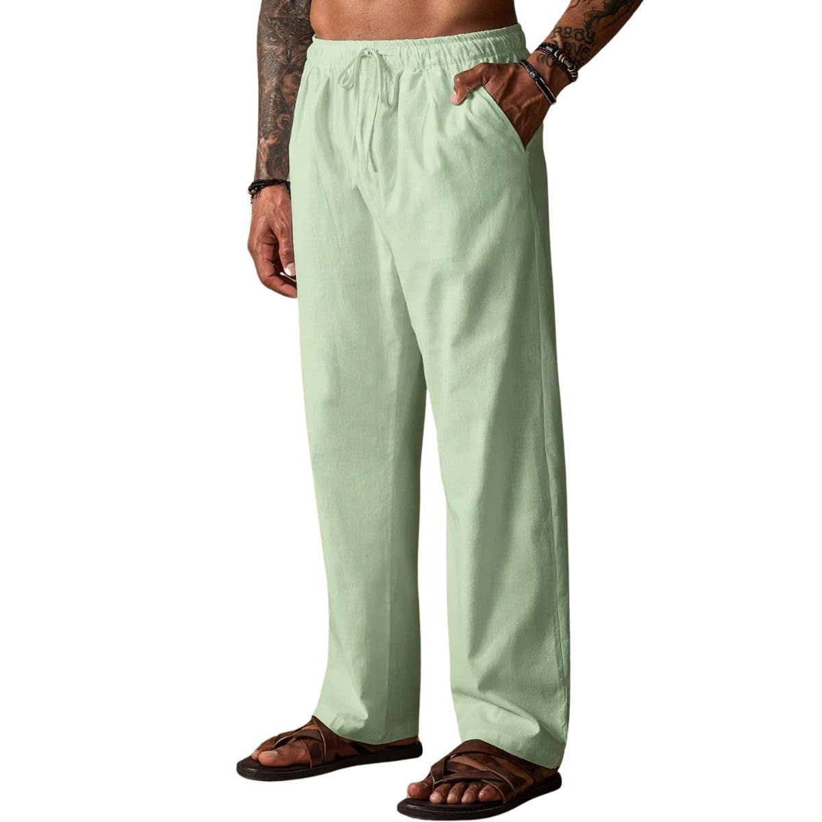 Men's Sage Green Cotton Linen Casual Pants | Comfortable Summer Wear | Size L-image-3