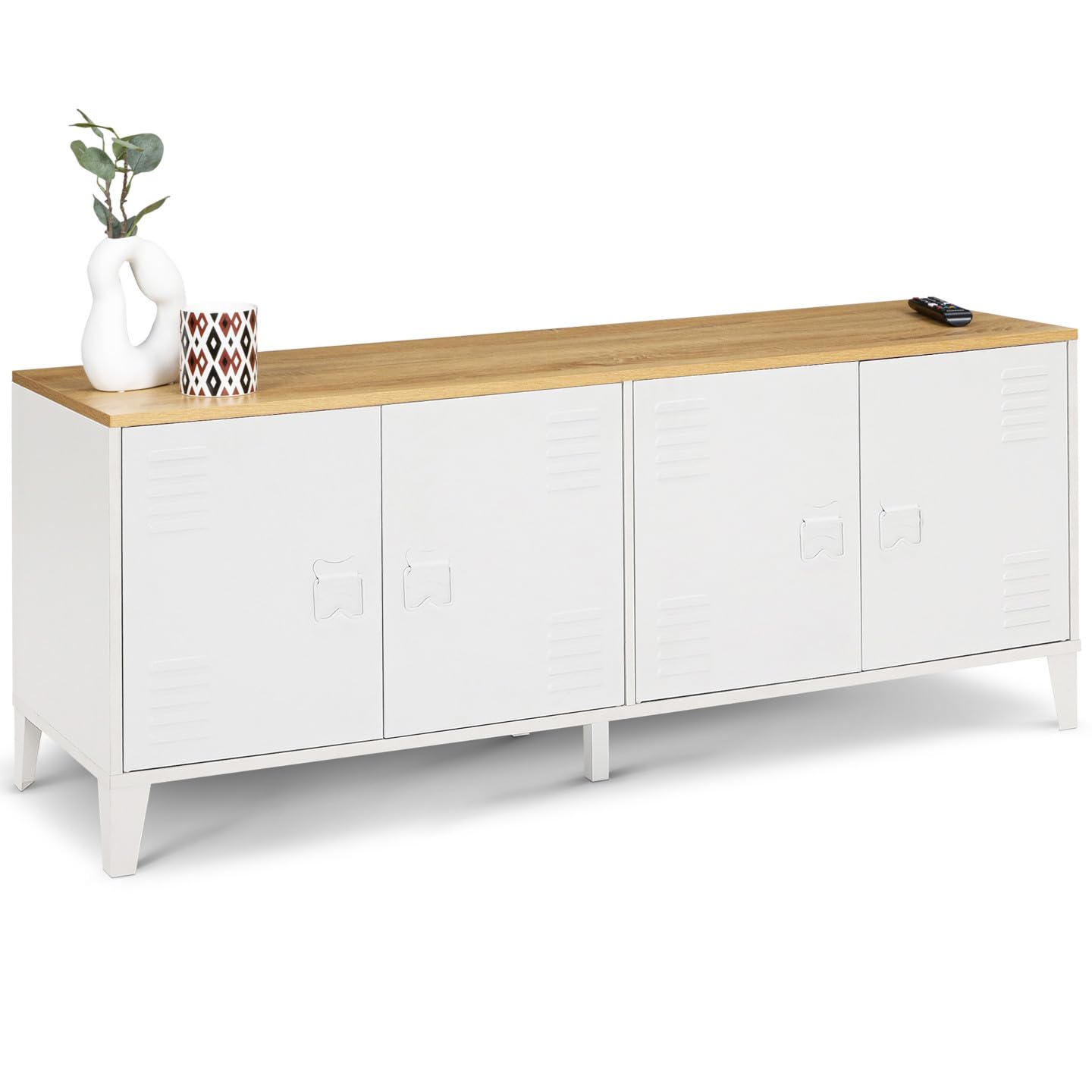 IDMarket - Buffet Bas 140 cm Ester 4 Portes métal Blanc Plateau Bois Design Industriel