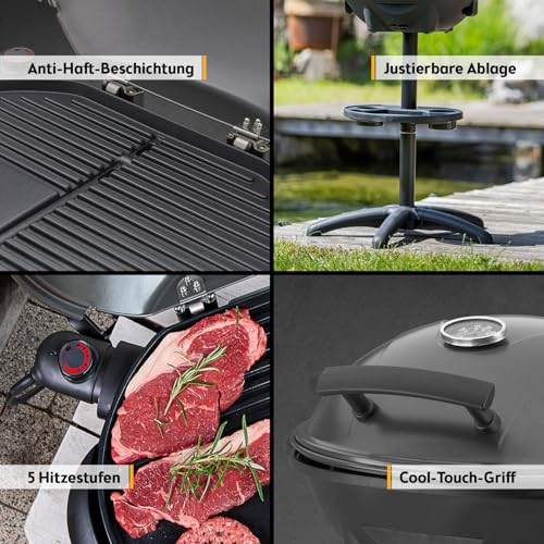 TZS First Austria - Elektrogrill 2 in 1 Tischgrill & Standgrill 2400W - Elektrischer Grill mit Standfuß für Balkon & Terrasse mit Deckel & Ablage - Elektro-Kugelgrill mit Thermometer & Tropfschale 3
