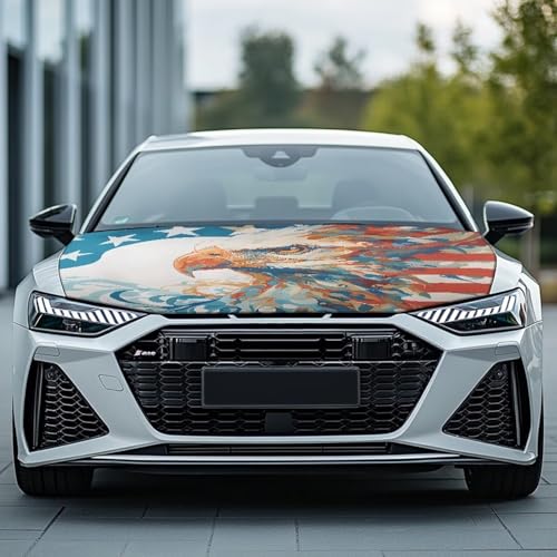 Image of USA Flag Bald Eagle Car Hood Cover Protector Car Hood Wraps Auto Patriotic Decorations Automotive Exterior Accessories for Most SUVs Sedans Trucks Jeep
