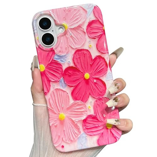 for iPhone 16 Plus Case Flowers Women Girly Aesthetic Sparkle Translucent Cute Floral With Phone Strap Charms Wristlet Oil Painting Shockproof Protective Phone Cases for iPhone 16 Plus Hot Pink