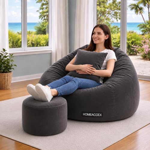 Image of XL Velvet Bean Bag Combo with Footrest & Cushion Filled Bean Bag with Beans, Capacity Upto 70Kg Weight |Grey