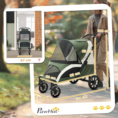 PawHut Hundewagen Hundebuggy klappbar für große Hunde & Katzen bis 30 kg Katzenbuggy mit Kissen Netzfenstern Türen Aufbewahrungstasche Katzenwagen Buggy Dunkelgrün