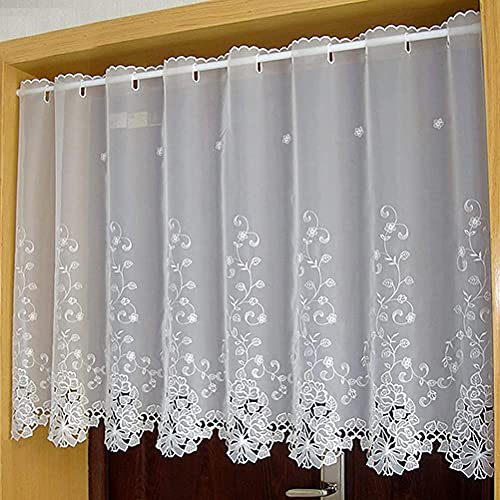 Cortina corta de gasa bordada blanca para ventanas de cocina y bistro con estilo rural 3