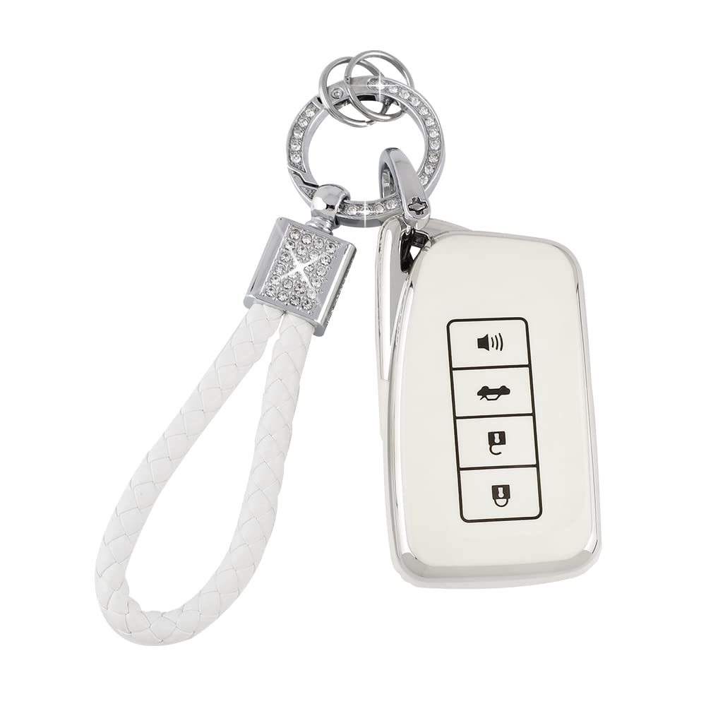 PIFOOG TPU Key Fob Cover with Bling Key Chain Keyless Entry Keys Button Protection Cases White Silver