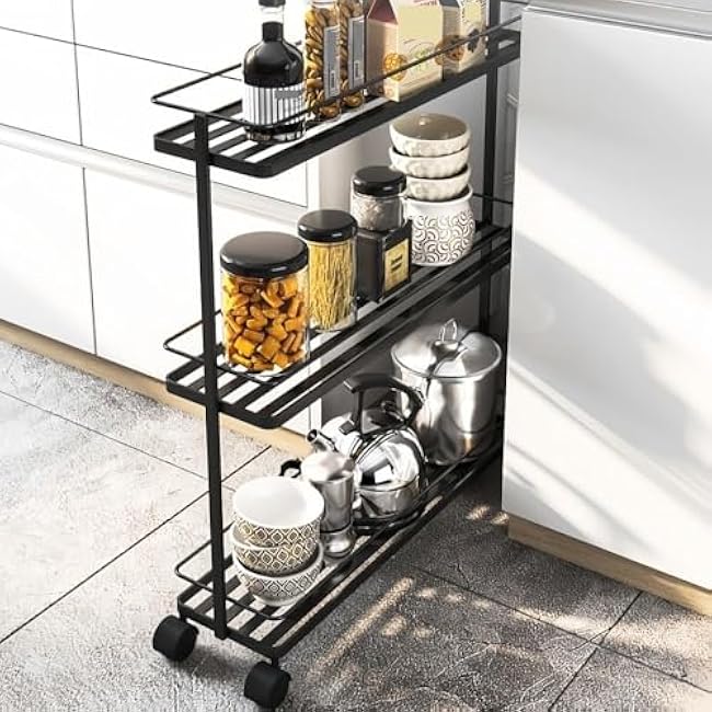 3-Tier Rolling Metal Storage Cart with Wheels - Space-Saving Utility Rack for Kitchen, Bathroom, Laundry Room - Durable Black Organizer-FrSapro7