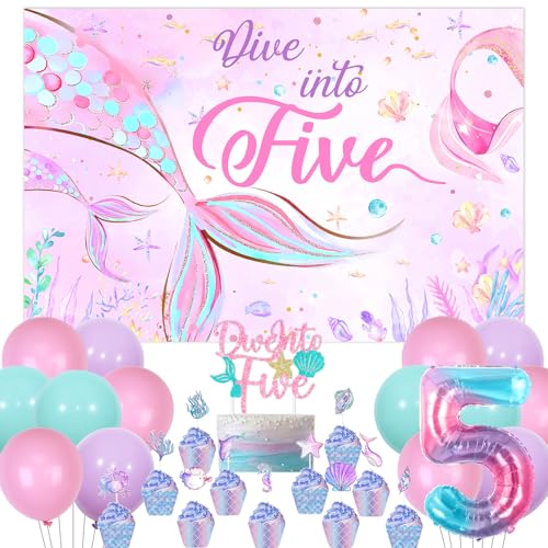 Mermaid Birthday Party Decorations, Dive Into Five Ocean Theme 5th Birthday Backdrop Cake Cupcake Toppers Pink Purple Blue Balloon for Girl 5 Year Old Party