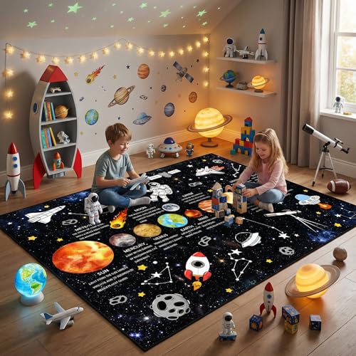 Bildenly 5x7 Ft Outer Space Kids Rug for Boys Room Playroom Classroom Educational Non-Slip Planet Rug for Leaning Solar System Washable & Soft Galaxy Star Rug - Faux Wool