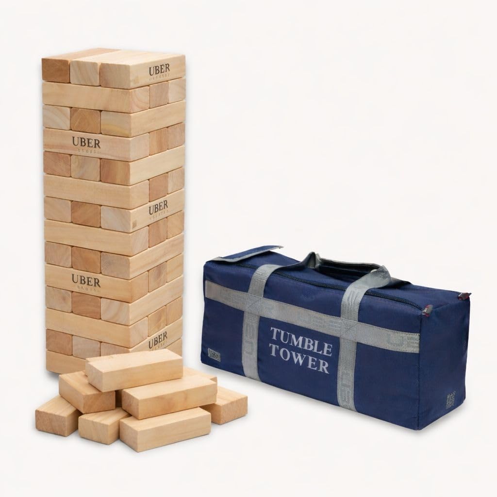 Uber Games Riesen Wackelturm XXXL Spiel aus Echt Hart Holz - 19kgs - Top Qualität Stapelturm - bis 150 cm Groß - Ökologisch Holz - in Ultra Luxus Tasche