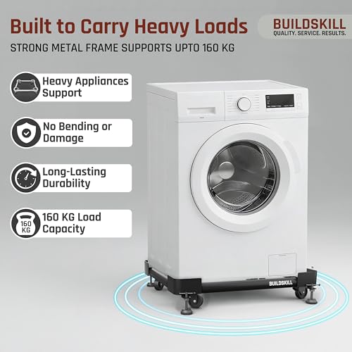 Image of BUILDSKILL Full Metal Washing Machine Stand | 360 Rotating Wheels | Anti-skid Rubber Pads | Compatible with Front & Top Load 7kg-10kg, Refrigerators, Dishwashers, Room Coolers | 160Kg Load Capacity