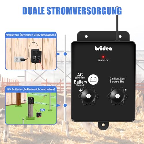 HEFC-04DE 230V Weidezaungerät, Briidea 2-Meile 8 Acres 2-in-1 Elektrischer Zaunladegerät betrieben von Batterie oder Netzadapter, 3 Joule, Schützen Sie Ihr Vieh, Gartenweide vor Wildtieren